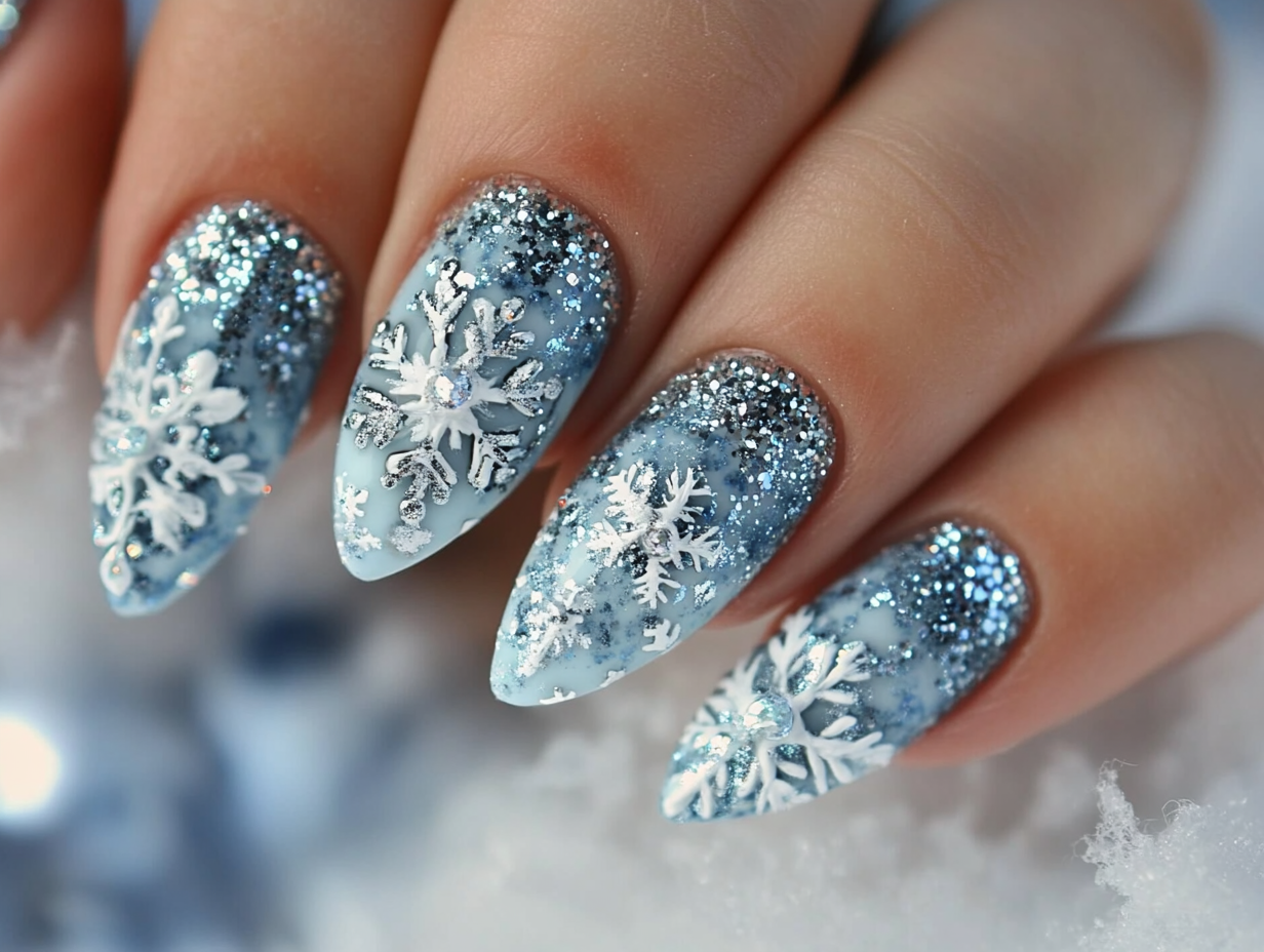 Snowflakes and Glitter Nail Designs